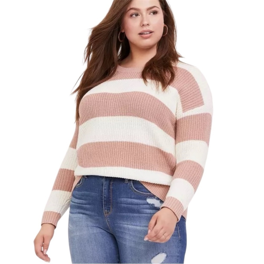 Torrid Pullover Drop Shoulder Sweater  Striped White and Dusty Pink Rose Size